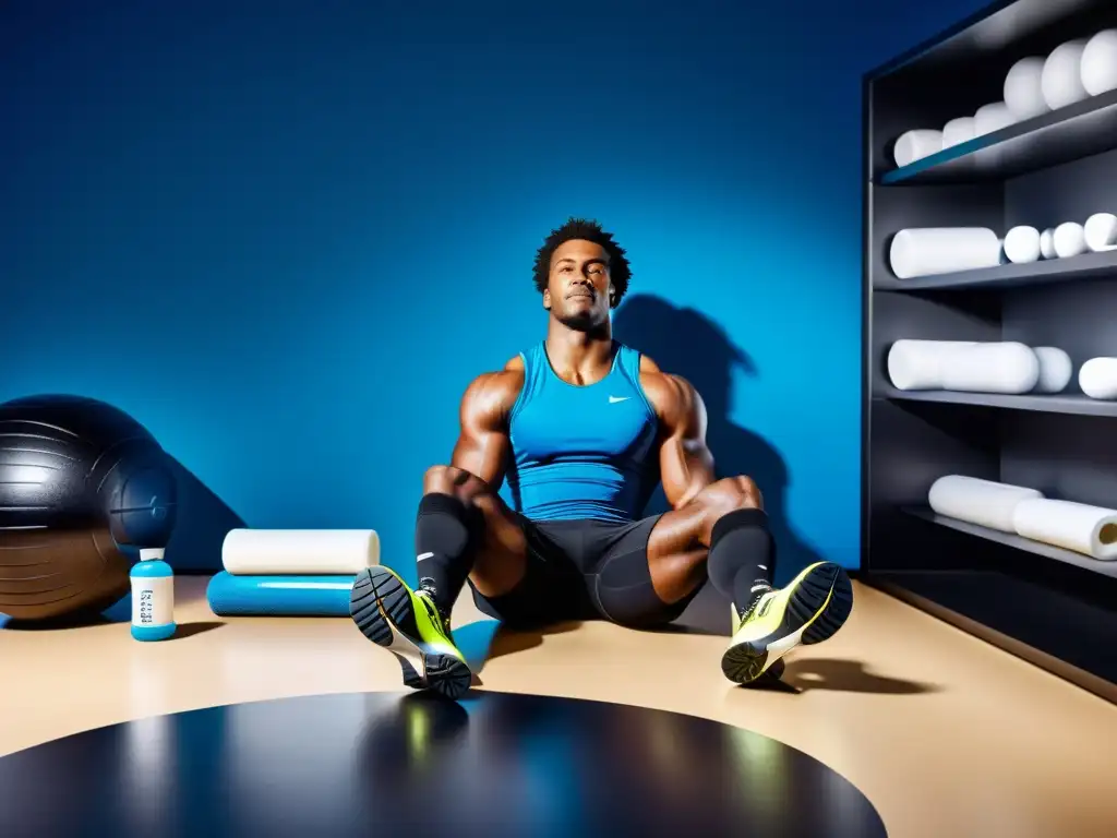 Recuperación deportiva con Omega-3: atleta profesional en acción Un atleta profesional en un ambiente de recuperación postcompetitiva con Omega3, rodeado de equipamiento de alta tecnología y moderna iluminación