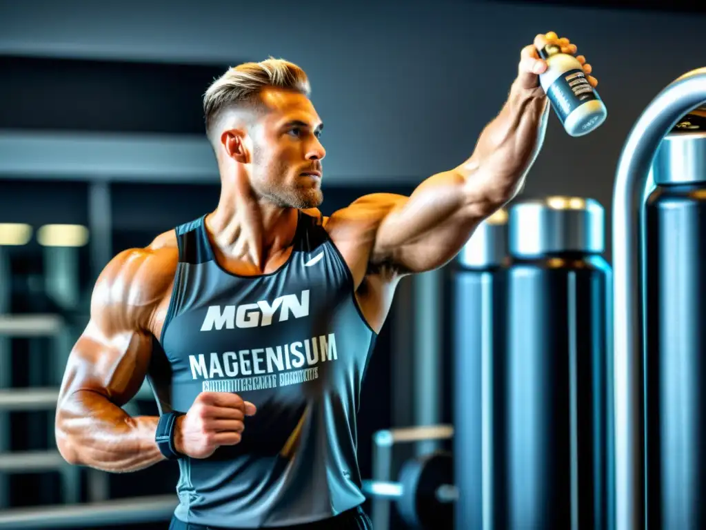 Un atleta profesional alcanza una botella de suplementos de magnesio en un gimnasio moderno