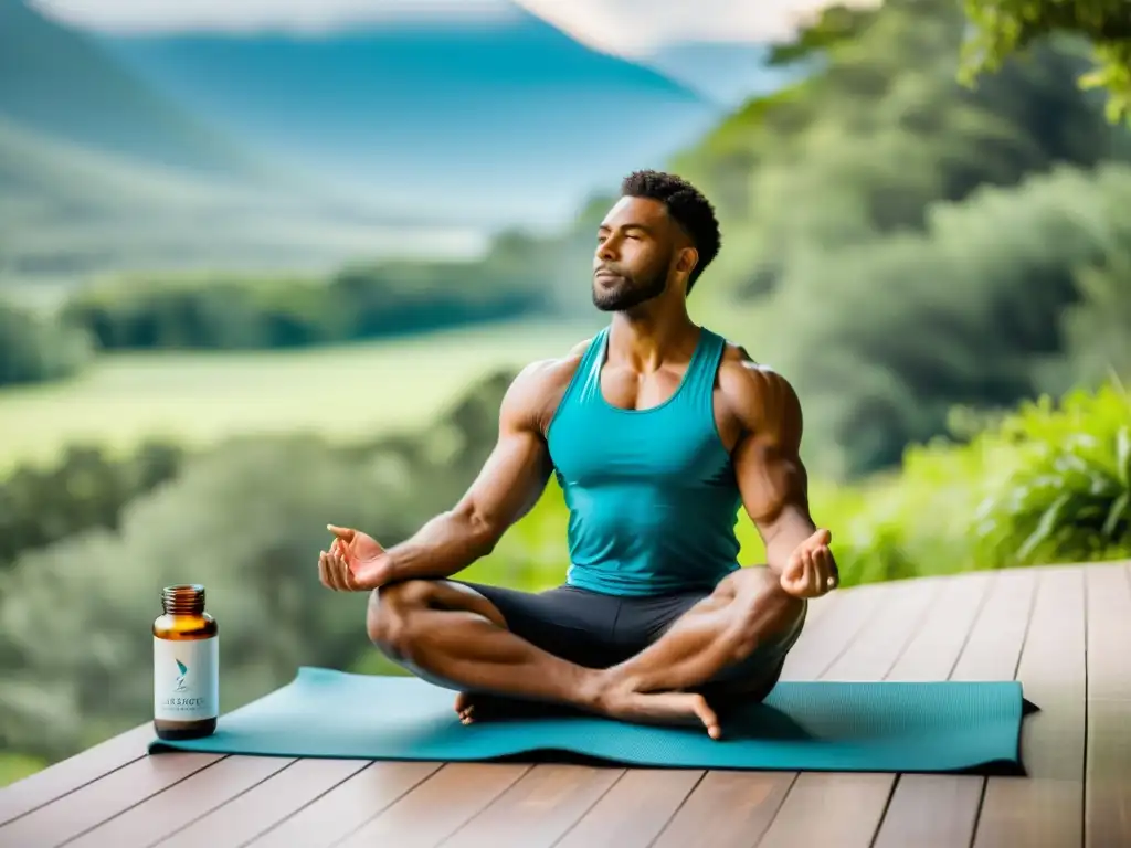 Atleta en yoga postcompetición con Omega3 y snack saludable Un atleta profesional en calma, rodeado de naturaleza, con Omega3 y una merienda saludable