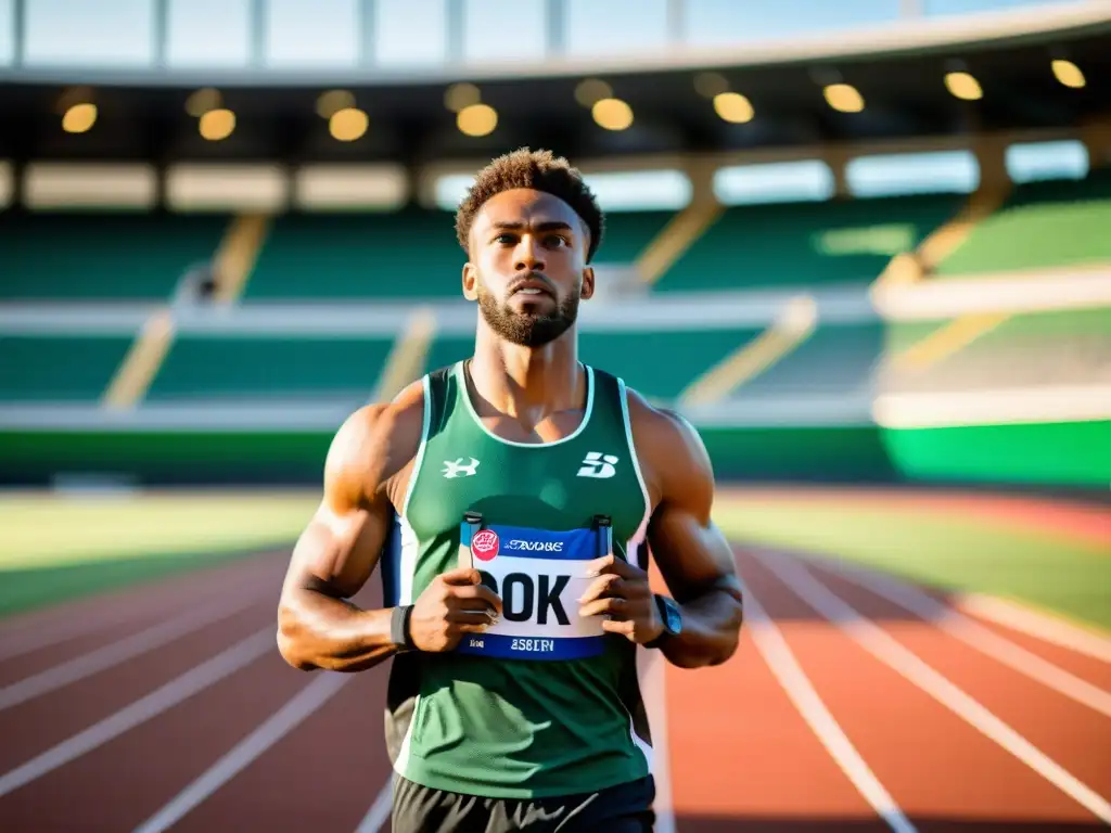 Atleta profesional preparado para triunfar con suplementos vitamínicos Un atleta profesional se prepara para la carrera, rodeado de un estadio lleno de fans