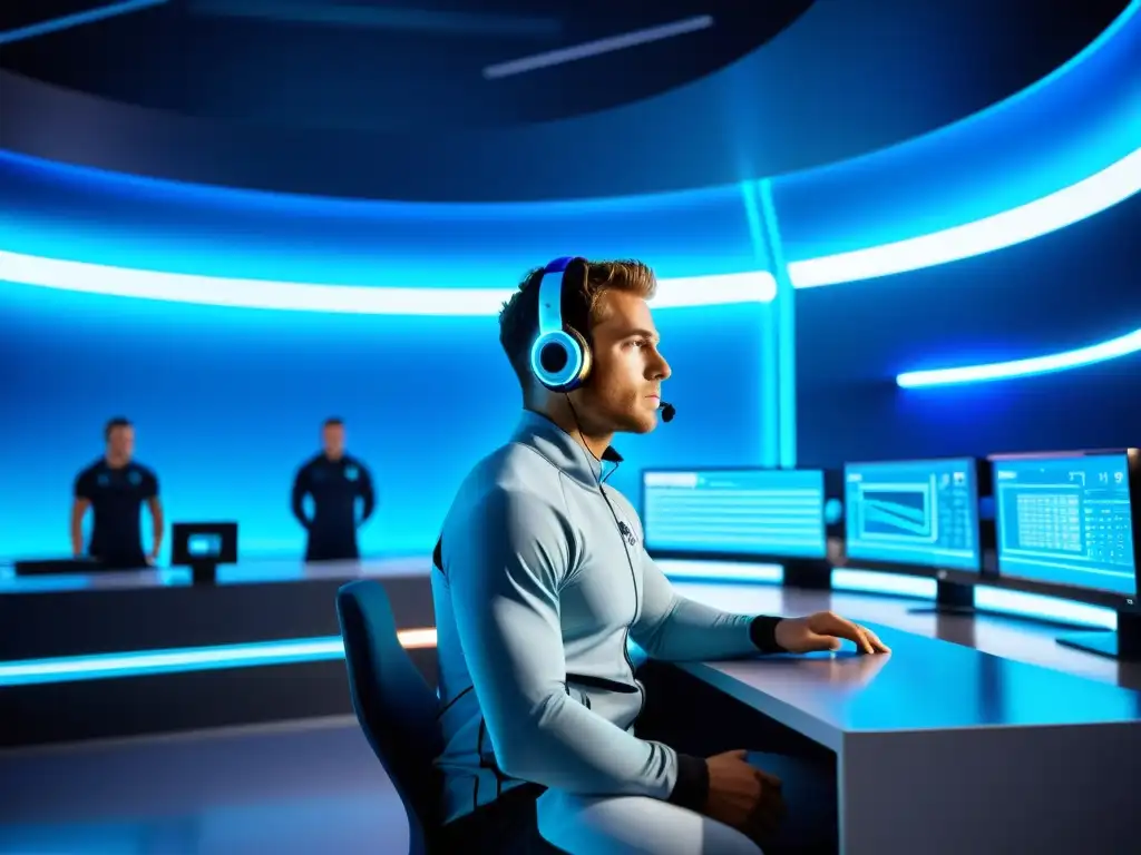 Optimización de rendimiento: atleta y científicos en laboratorio de deportes Un atleta profesional y científicos deportivos discuten la importancia del balance electrolítico en un laboratorio deportivo de alta tecnología