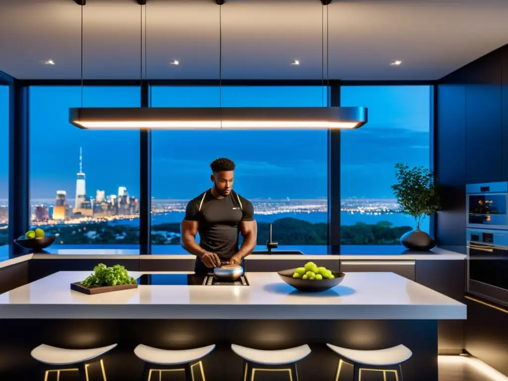 Atleta profesional cuidando la nutrición en cocina futurista Un atleta profesional en una cocina futurista, midiendo ingredientes bajo luces cálidas