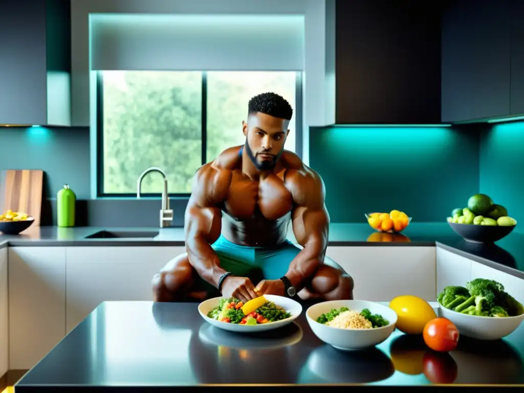 Nutrición deportiva: atleta preparando su comida post-entreno Un atleta profesional en una cocina moderna, preparando su comida post-entrenamiento con concentración