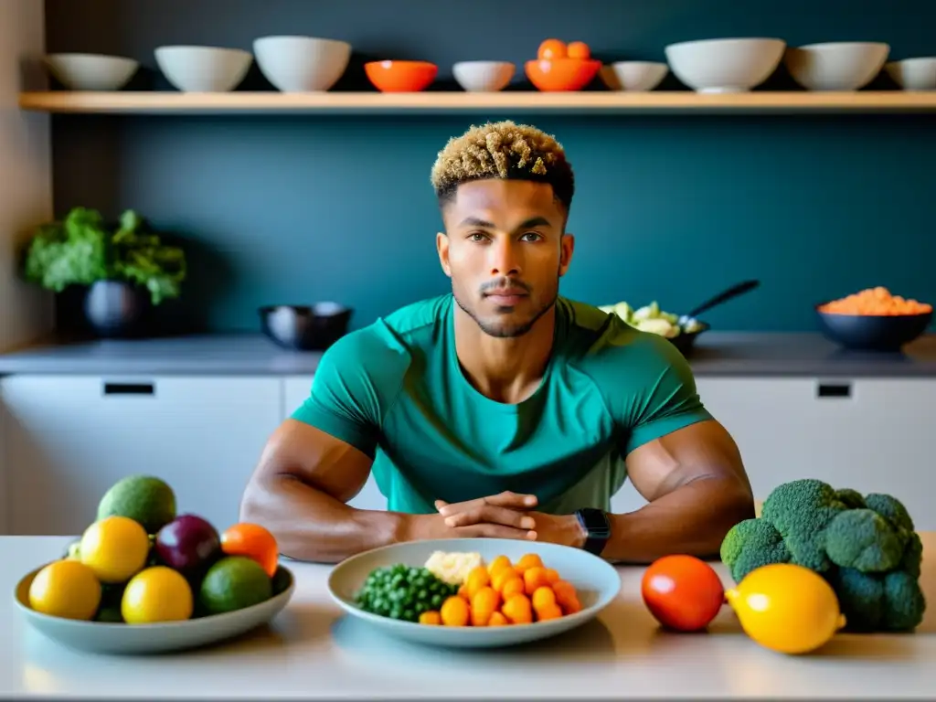 Atleta en Cocina Serena: Preparación de Comida Estratégica Un atleta profesional en una cocina serena, preparando alimentos coloridos y balanceados para combatir la ansiedad precompetitiva