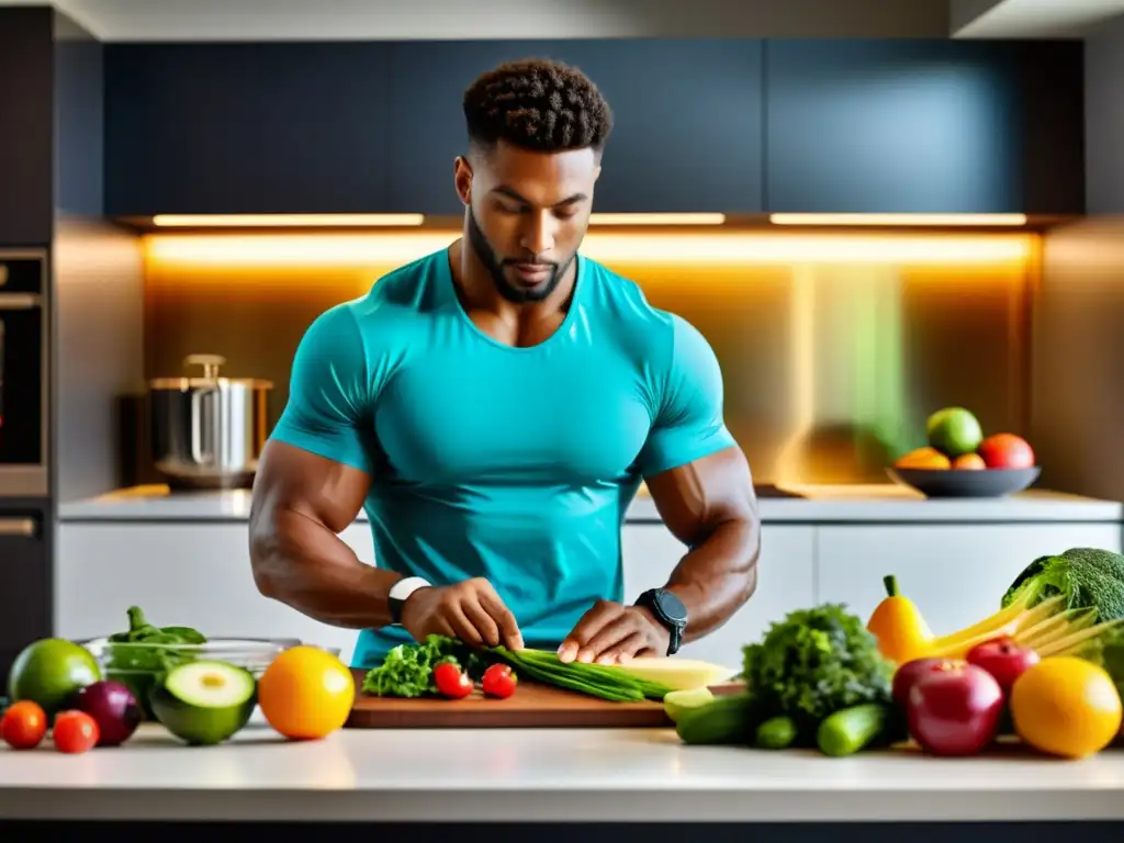 Preparación de comida saludable: Atleta enfocado en la cocina Un atleta profesional prepara con determinación una comida balanceada con ingredientes frescos en una cocina moderna