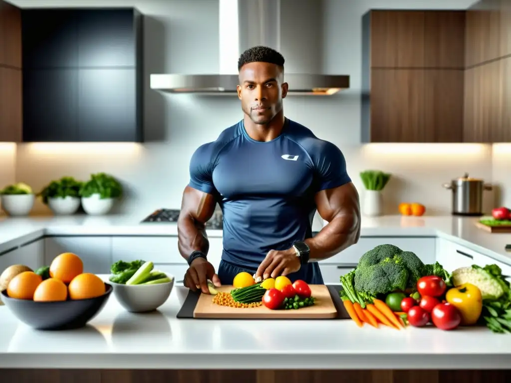 Atleta preparando comida saludable en cocina moderna Un atleta profesional preparando una comida equilibrada con ingredientes orgánicos en una cocina moderna, con equipo deportivo y un libro de nutrición deportiva avanzada para rendimiento en el fondo