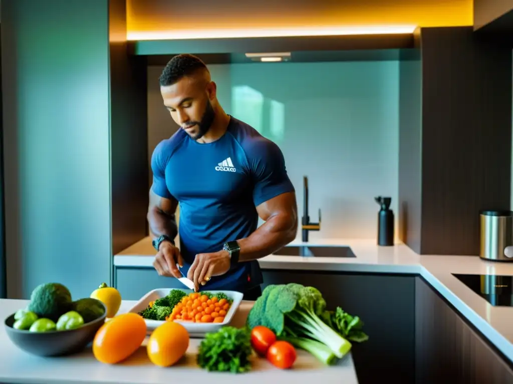 Athlete preparando comida fitness en hotel Un atleta profesional prepara una comida fitness en una cocina compacta de hotel, mostrando disciplina en su dieta fitness para viajes deportivos