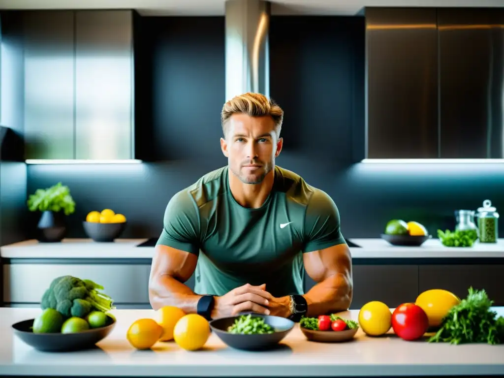 Atleta profesional preparando comida post-entrenamiento en cocina moderna Un atleta profesional prepara su comida post-entrenamiento en una cocina elegante y moderna, rodeado de ingredientes frescos