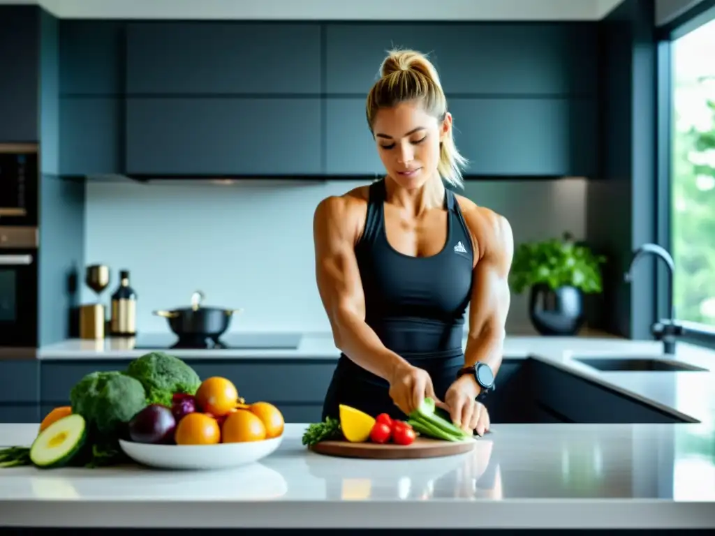 Atleta profesional preparando comida post-entrenamiento en cocina moderna Una atleta profesional prepara una comida post-entrenamiento en una cocina moderna, destacando la ventana anabólica en nutrición deportiva