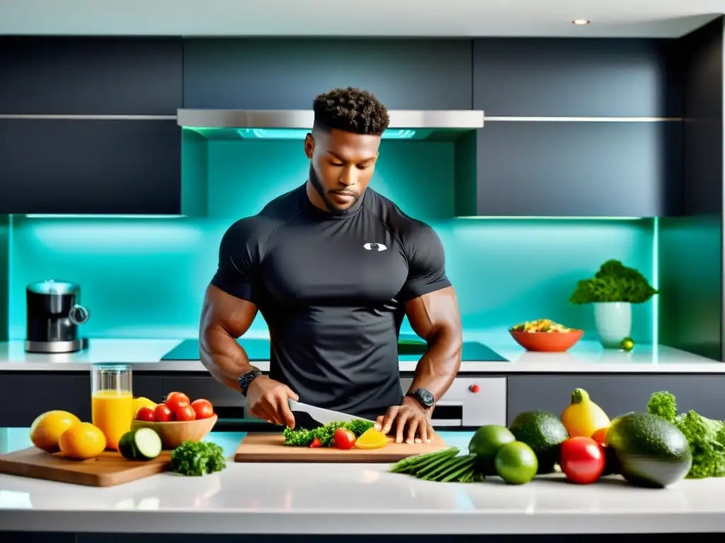 Atleta profesional preparando comida con enzimas digestivas Un atleta profesional preparando una comida saludable en una cocina moderna, con enfoque en enzimas digestivas y nutrición deportiva