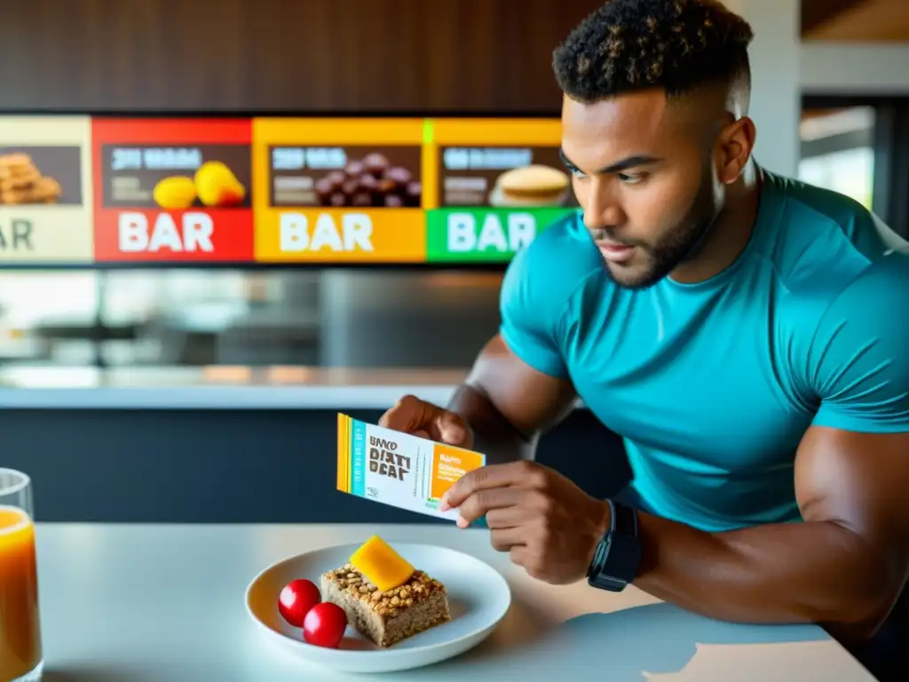 Atleta profesional enfocado en nutrición saludable Un atleta profesional examina detalladamente una comida saludable en un restaurante, mostrando determinación y disciplina