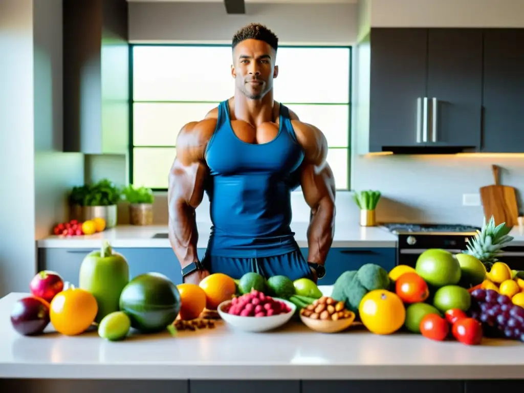 Atleta vegano preparando comida saludable Un atleta profesional prepara una comida vegana vibrante en una cocina soleada llena de alimentos coloridos