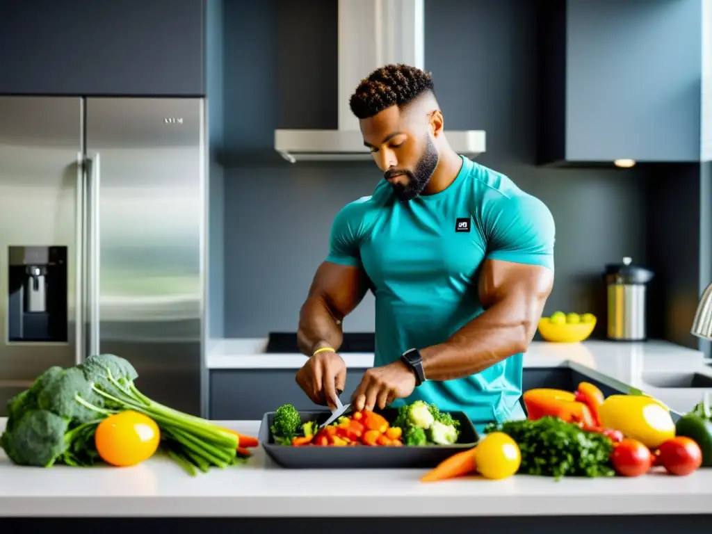 Atleta vegano preparando comida saludable en cocina moderna 'Un atleta profesional preparando una comida vegana en una cocina moderna y elegante