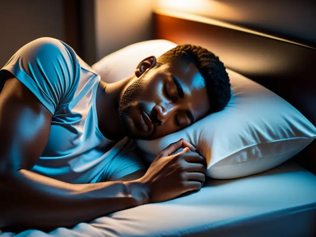 Descanso profundo: atleta durmiendo plácidamente Un atleta profesional duerme plácidamente en una cómoda cama, con iluminación suave y expresión serena