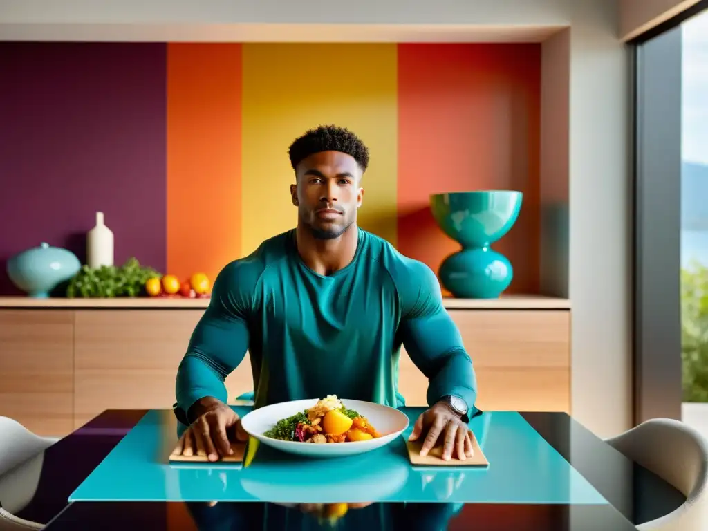 Atleta centrado en comidas balanceadas Un atleta profesional concentrado en su mesa llena de alimentos nutritivos y coloridos, irradiando determinación y propósito