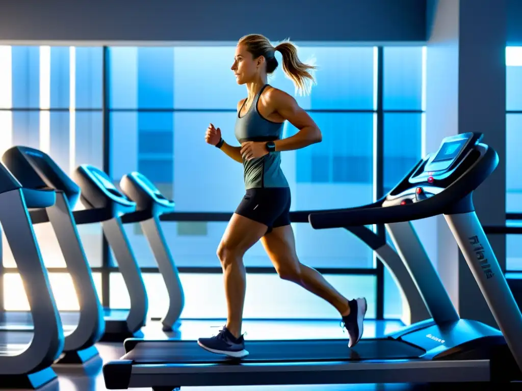 Atleta enfocado en Fitbit Coach en gimnasio futurista Un atleta profesional usando un dispositivo Fitbit Coach en un gimnasio moderno y elegante