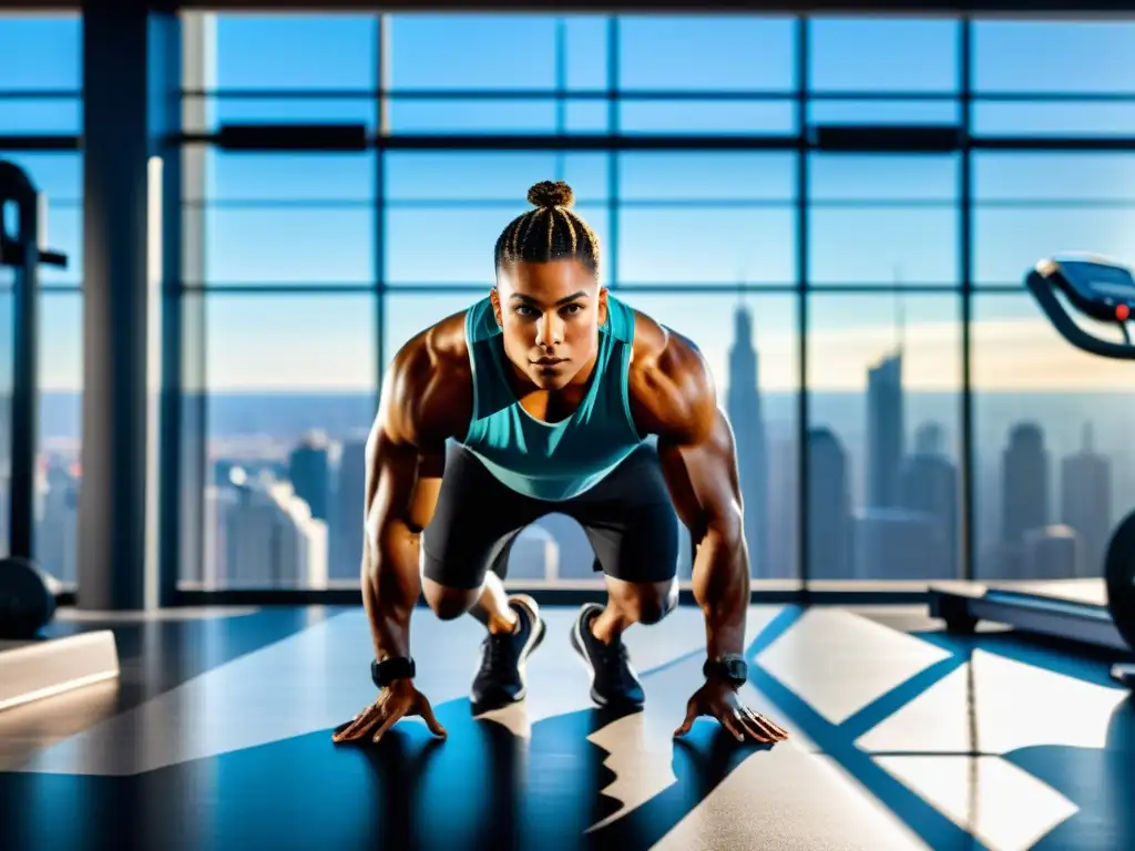 Atleta de fuerza en gimnasio de alta tecnología Un atleta profesional se enfoca en su entrenamiento de fuerza en un gimnasio moderno, resaltando la importancia de vitaminas para salud ósea