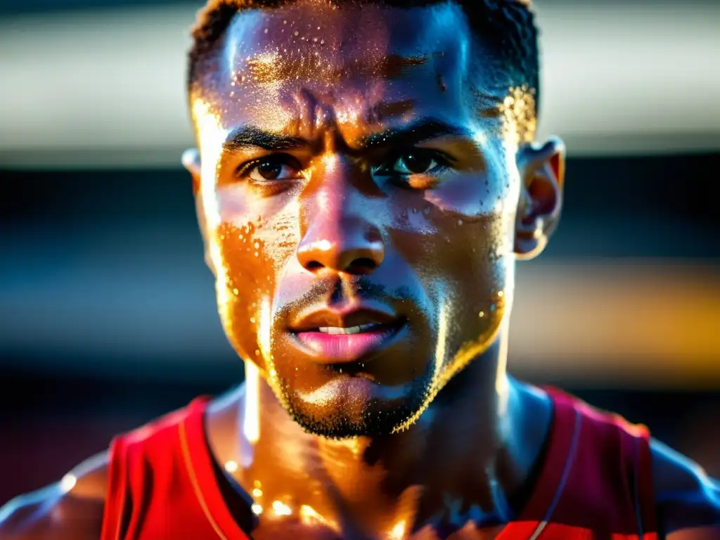 Atleta determinado: sudor y esfuerzo en entrenamiento intenso Un atleta profesional sudando intensamente durante un entrenamiento, resaltando la importancia del balance electrolítico en deportistas