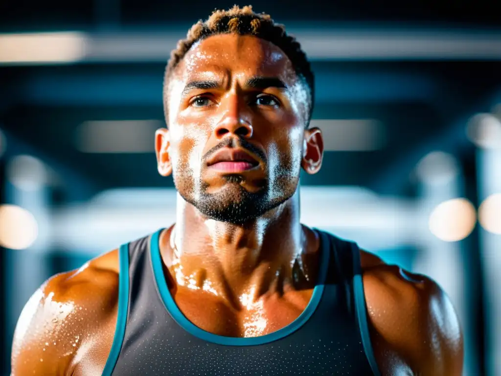 Atleta de élite sudando en sesión de entrenamiento intenso Un atleta profesional sudando durante un entrenamiento intenso, resaltando la importancia del balance electrolítico en deportistas