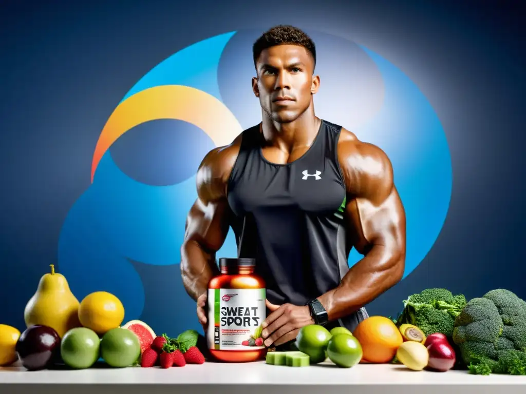 Atleta de élite: Nutrición deportiva avanzada y rendimiento máximo Un atleta profesional se enfoca en su entrenamiento rodeado de frutas, verduras y proteínas