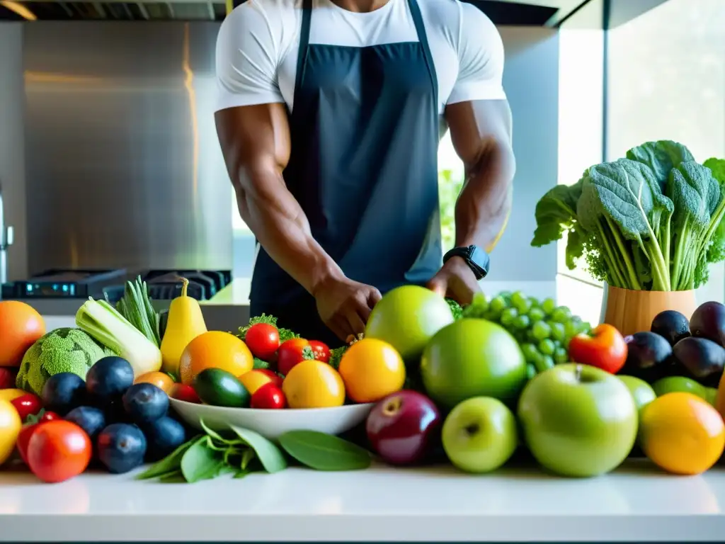 Atleta profesional preparando alimentos orgánicos en cocina moderna Un atleta profesional arregla con esmero frutas y verduras orgánicas en una cocina minimalista