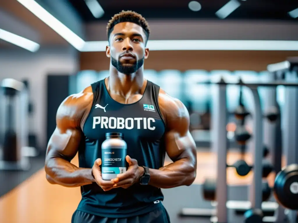 Atleta de alto rendimiento con probióticos Un atleta profesional en un gimnasio moderno, rodeado de equipos futuristas, sosteniendo una botella de probióticos con un diseño científico