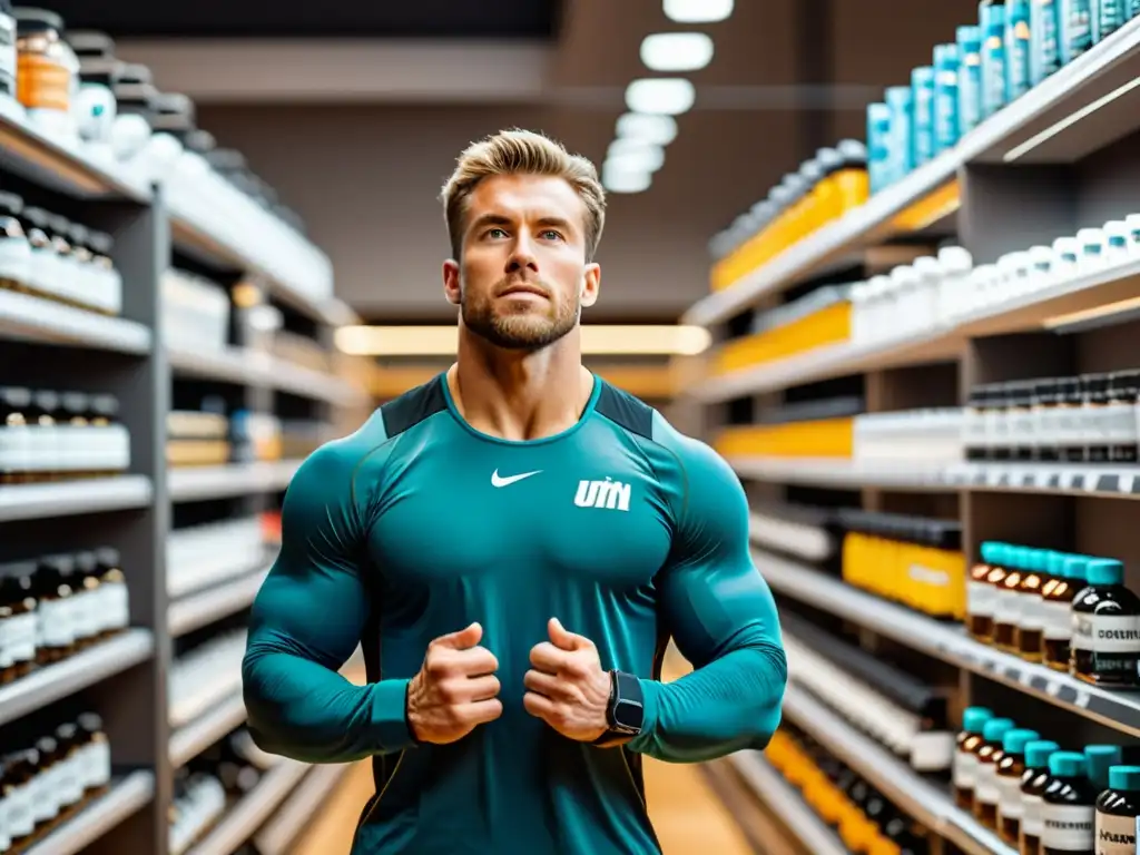 Atleta de élite en gimnasio moderno con suplementos deportivos Un atleta profesional se entrena con determinación en un gimnasio moderno rodeado de suplementos de nutrición deportiva