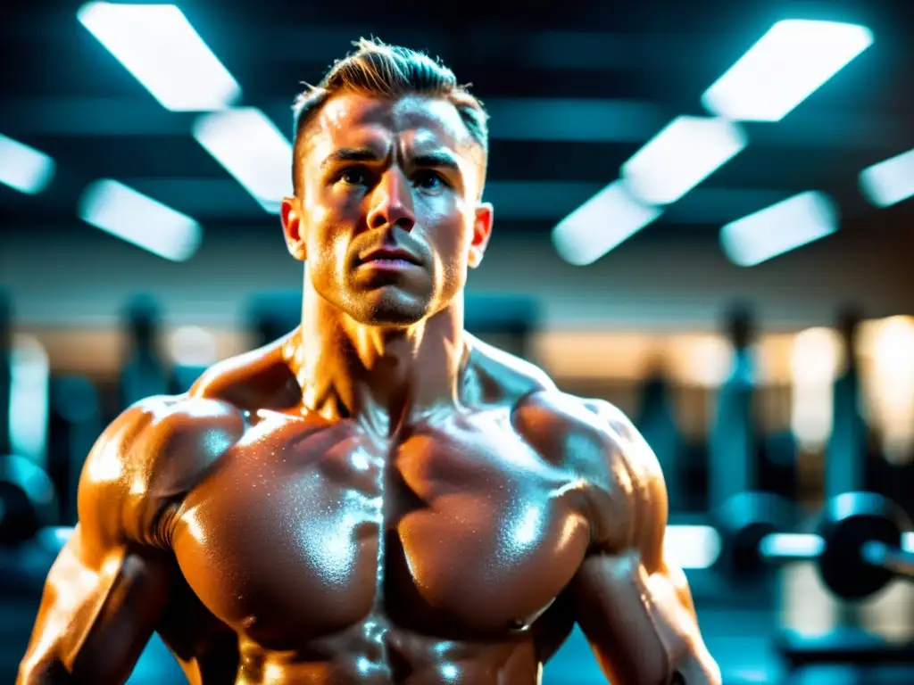 Atleta de élite alcanzando su máximo rendimiento con creatina Un atleta profesional se esfuerza en un intenso entrenamiento, con músculos tensos y determinación