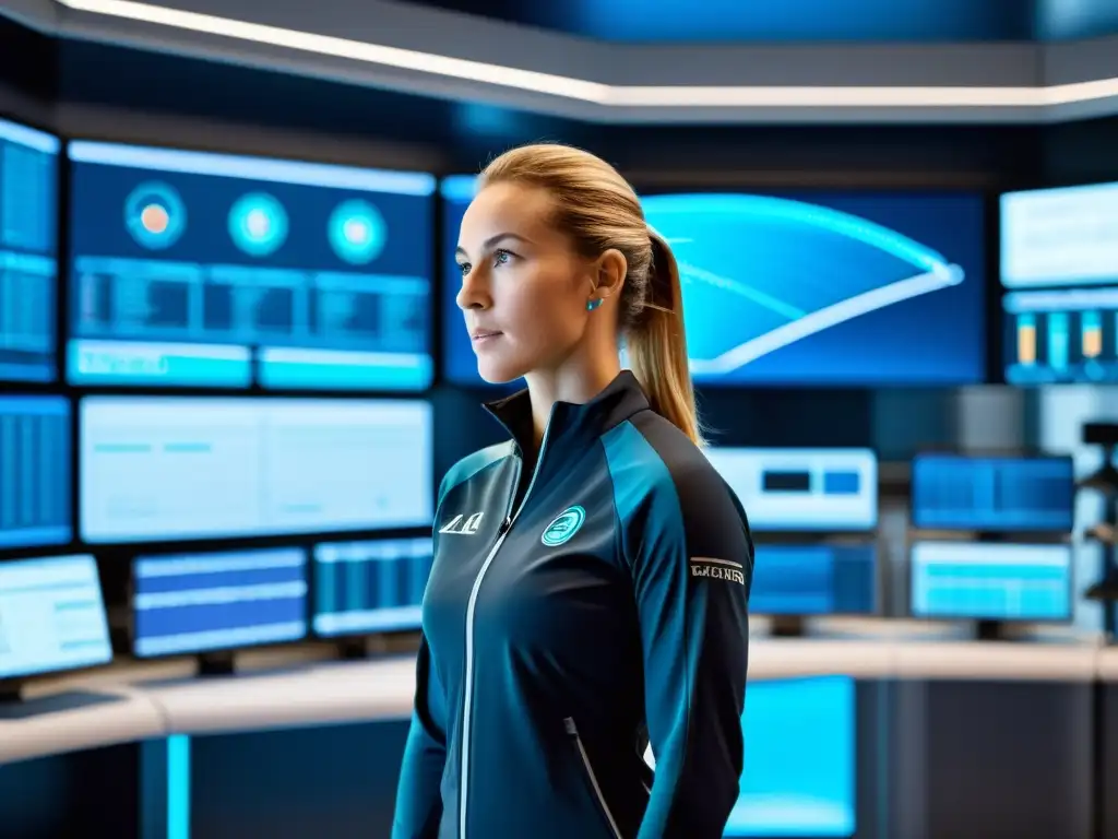 Consulta de nutrigenómica para atleta de élite Un atleta profesional en un laboratorio deportivo futurista, consultando sobre nutrición deportiva avanzada para rendimiento