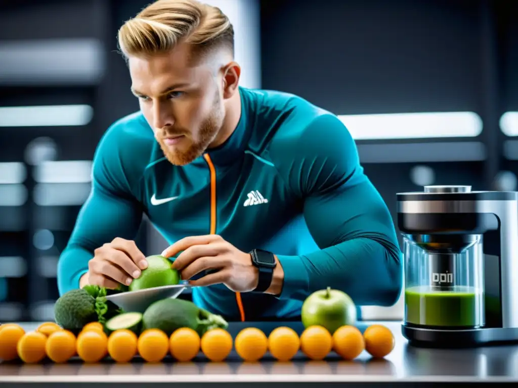 Nutrición deportiva de vanguardia para atletas de élite Un atleta profesional en un laboratorio futurista de nutrición deportiva avanzada para rendimiento, rodeado de equipo de vanguardia y recibiendo orientación nutricional personalizada de un equipo de expertos