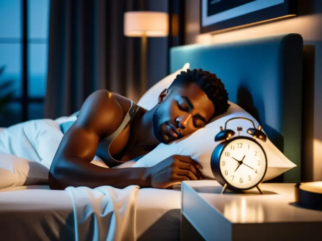 Atleta profesional durmiendo en un ambiente sereno Un atleta profesional duerme plácidamente en su lujosa habitación, transmitiendo la importancia del sueño