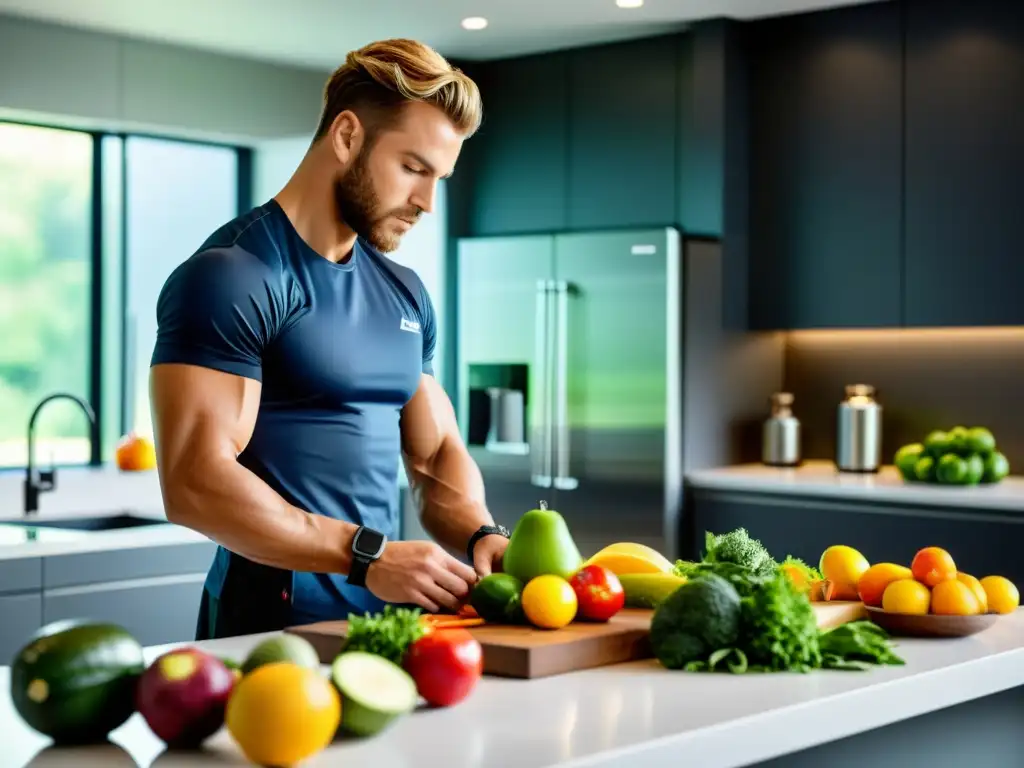 Atleta profesional preparando comida saludable en cocina moderna Un atleta profesional concentra su mirada mientras prepara una comida balanceada en una cocina moderna y luminosa