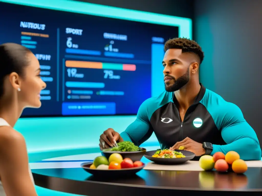 Nutrición Deportiva Avanzada: Dieta de Alto Rendimiento Un atleta profesional conversa con un nutricionista en una escena futurista, simbolizando la nutrición deportiva avanzada para rendimiento