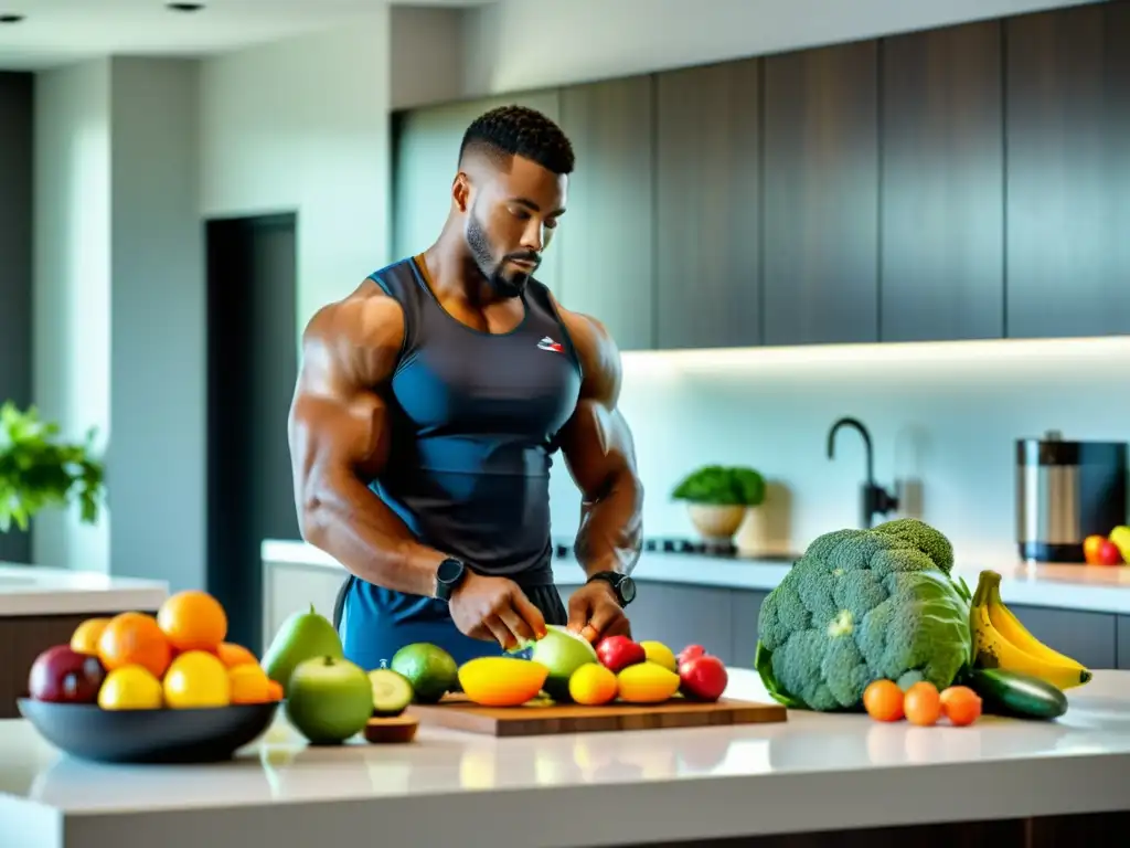 Preparando una comida energética llena de vitaminas y minerales Un atleta profesional prepara un nutritivo almuerzo rodeado de frutas, verduras y suplementos