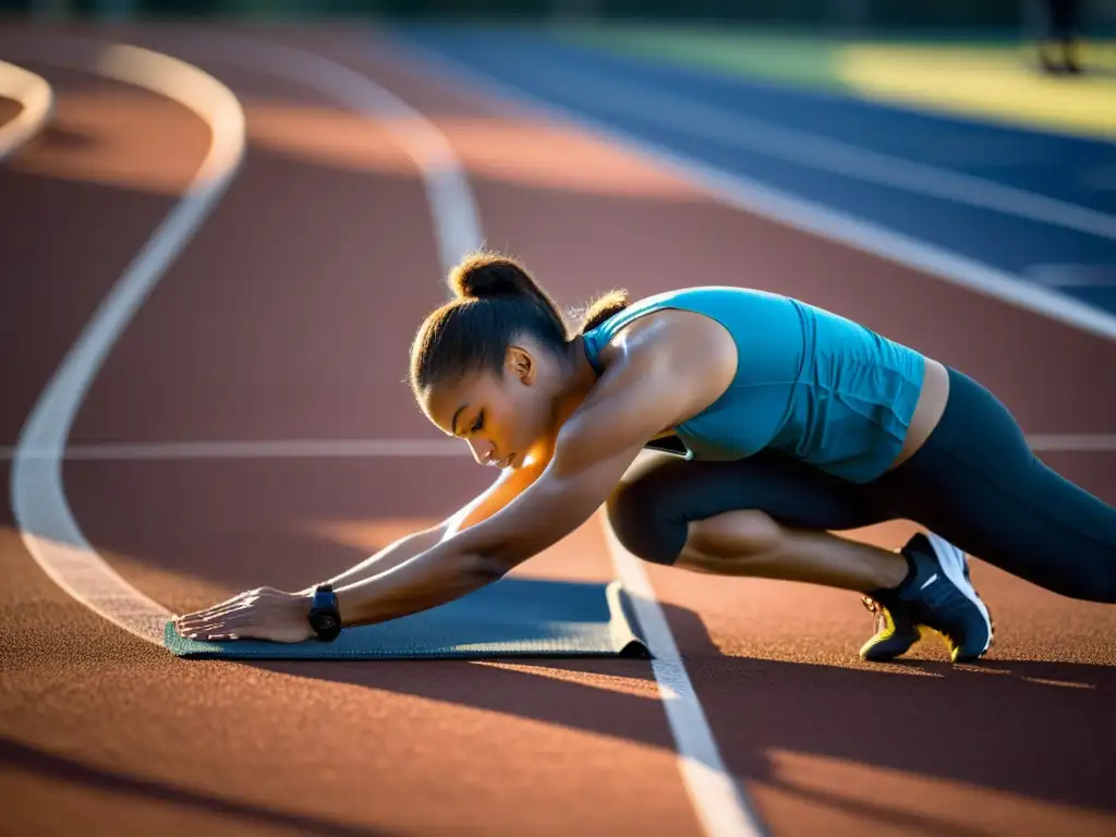 Atleta profesional en calentamiento al amanecer Un atleta profesional se estira al amanecer en una pista, con una luz dorada creando largas sombras
