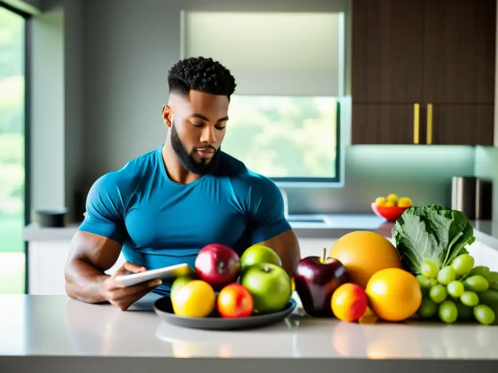 Nutrición Deportiva: Foco y Tecnología en la Mesa Un atleta profesional revisa su plan de crononutrición para mejorar rendimiento deportivo frente a una mesa llena de alimentos saludables y coloridos
