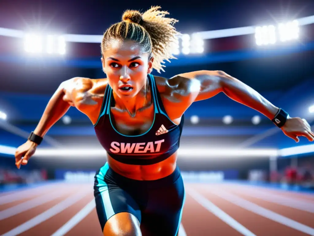 Atleta de élite en acción: Determinación y energía Un atleta profesional en plena acción, con determinación en su mirada y músculos definidos, en un entorno deportivo moderno y vibrante