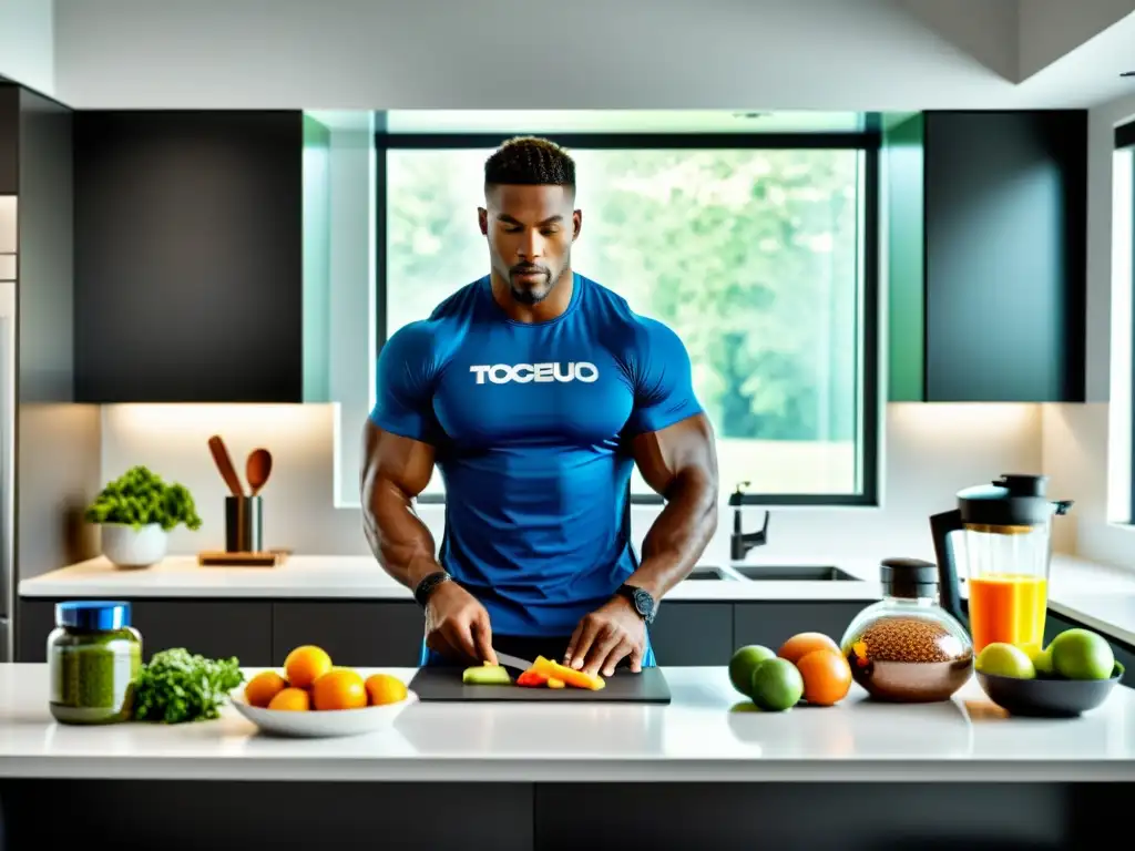 Preparación experta de comida post-entrenamiento en cocina moderna Un atleta profesional prepara con precisión su comida post-entrenamiento en una cocina moderna, reflejando la ventana anabólica en nutrición deportiva