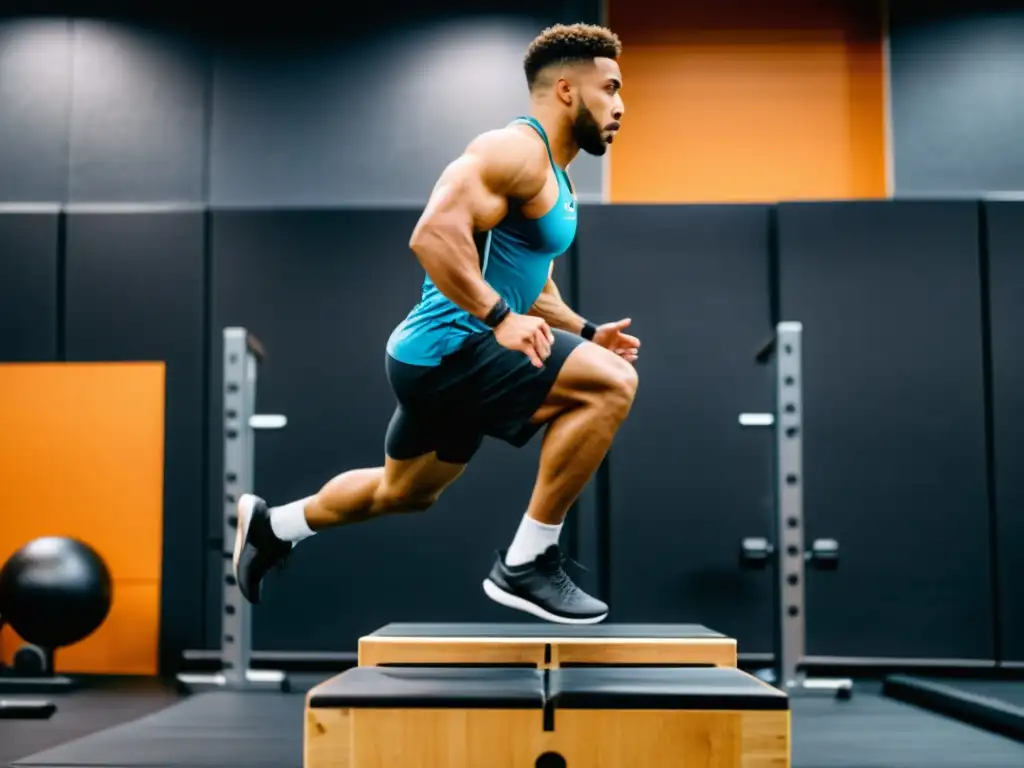 Salto explosivo: Atleta profesional en acción Un atleta profesional ejecuta un salto pliométrico en un gimnasio moderno y bien iluminado, destacando la nutrición deportiva para salud ósea