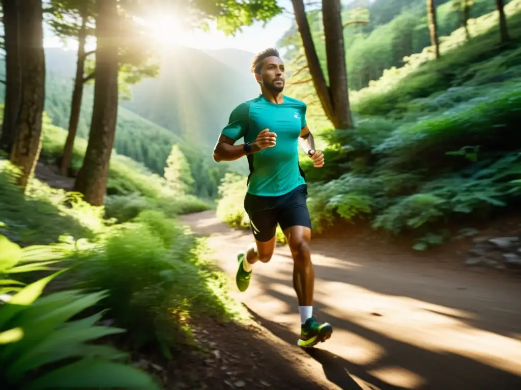 Corredor de montaña en plena acción Un atleta profesional corre por un sendero de montaña, rodeado de exuberante vegetación y árboles imponentes