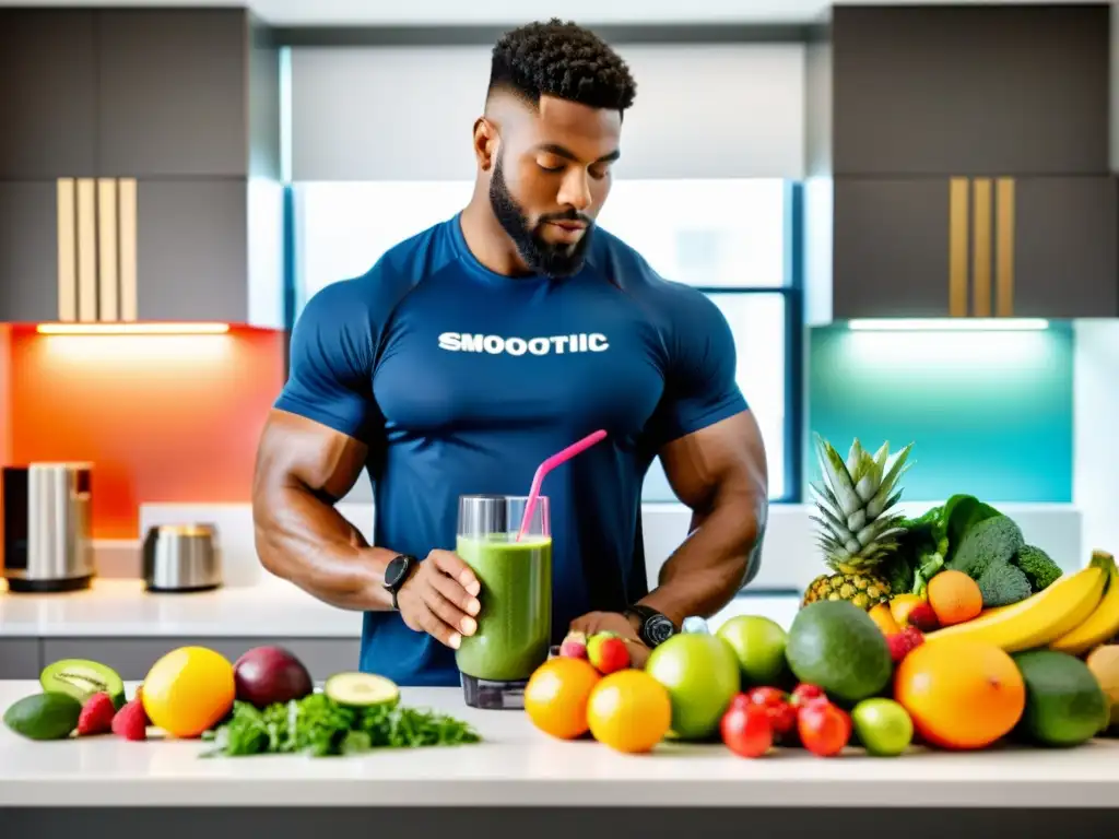 Atleta profesional preparando smoothie saludable con probióticos Un atleta profesional mezcla suplementos probióticos en un batido saludable en una cocina moderna y luminosa