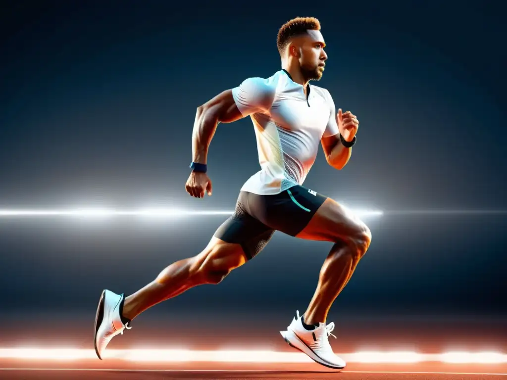 Imágen en 8k de atleta en acción, resaltando músculos y tejido conectivo Un atleta profesional en acción, destacando los tejidos conectivos y músculos en un impresionante detalle 8k
