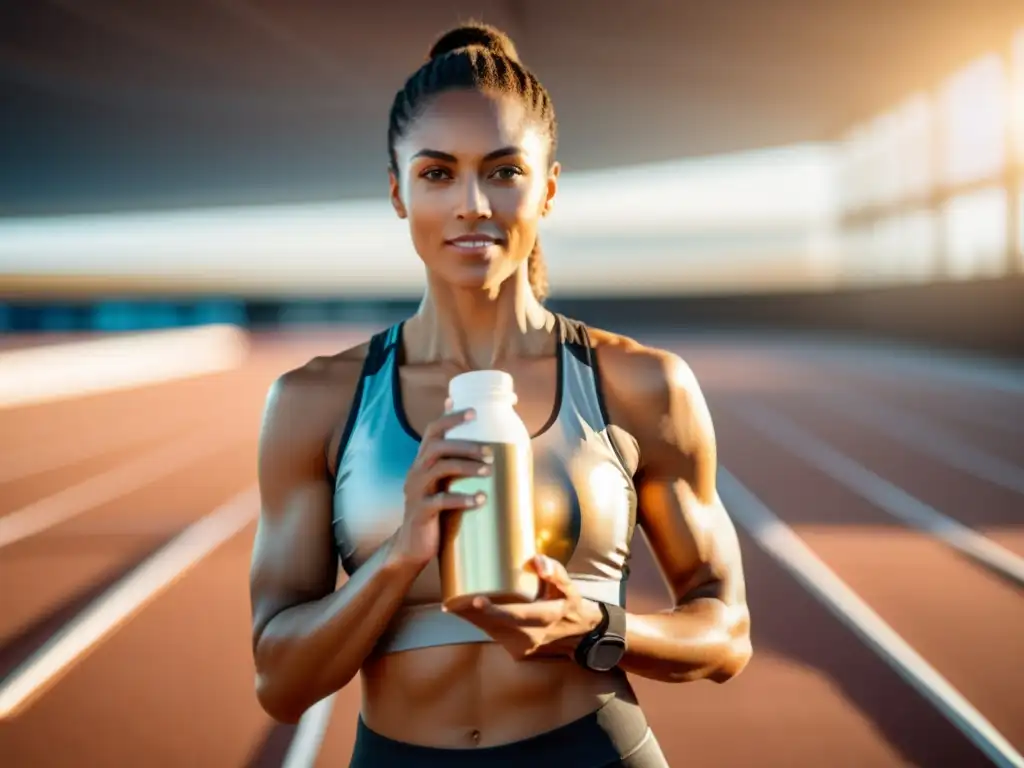 Atleta femenina con leche y calcio en pista futurista Una atleta profesional sostiene un vaso de leche y suplemento de calcio, destacando la importancia de la suplementación de calcio para deportistas