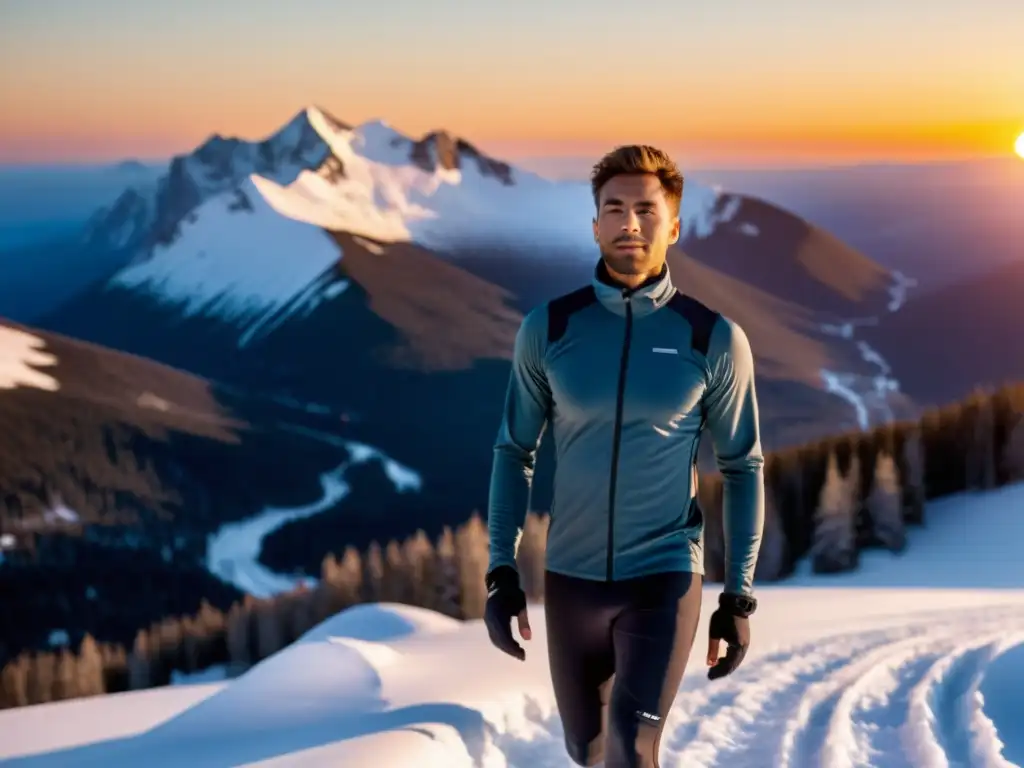 Trailblazer en ropa térmica: atardecer en la montaña nevada Un atleta en ropa térmica deportiva disfruta de los beneficios de entrenamientos invernales en un sendero nevado al atardecer