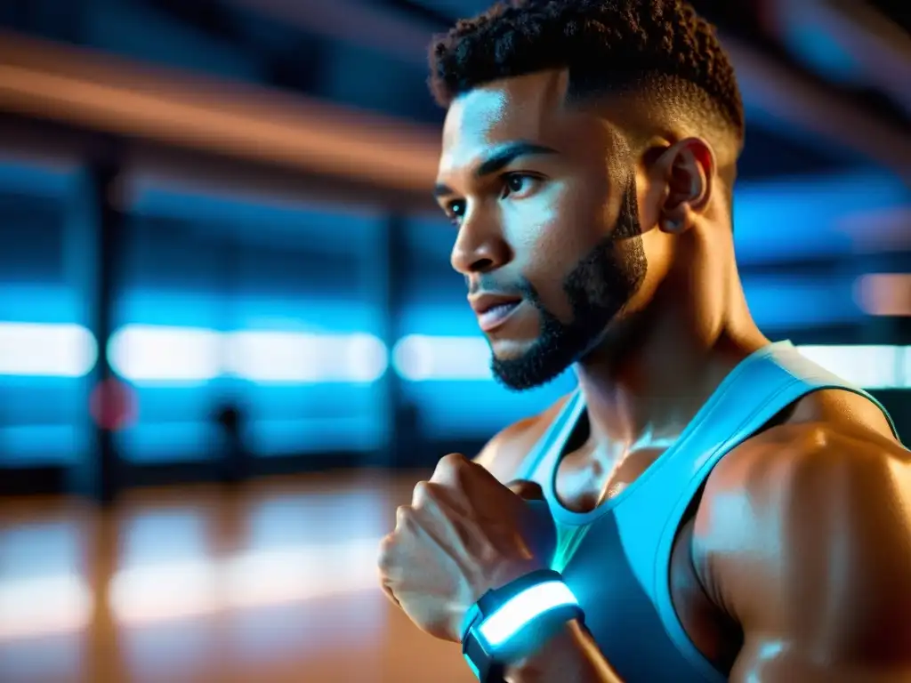 Sensor de hidratación futurista: potenciando el rendimiento Un atleta usa un sensor de hidratación futurista en un gimnasio tecnológico, mejorando hidratación durante ejercicio