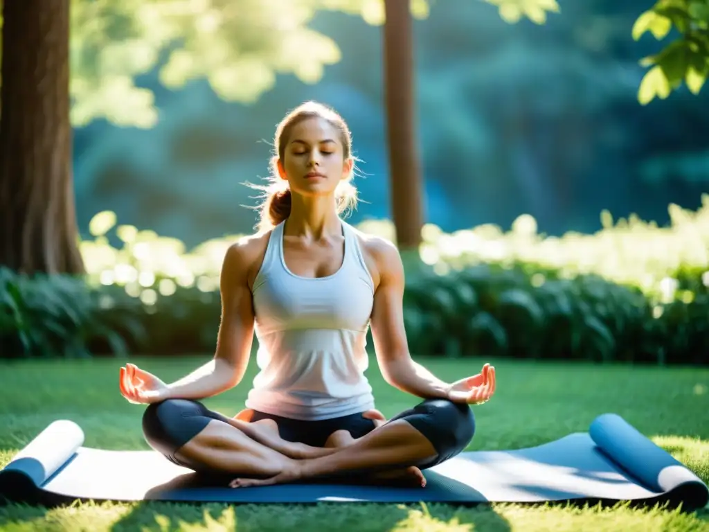 Atleta en equilibrio: nutrición estratégica para combatir la ansiedad Un atleta sereno y concentrado practica yoga al aire libre, rodeado de vegetación exuberante y bañado por la cálida luz del sol