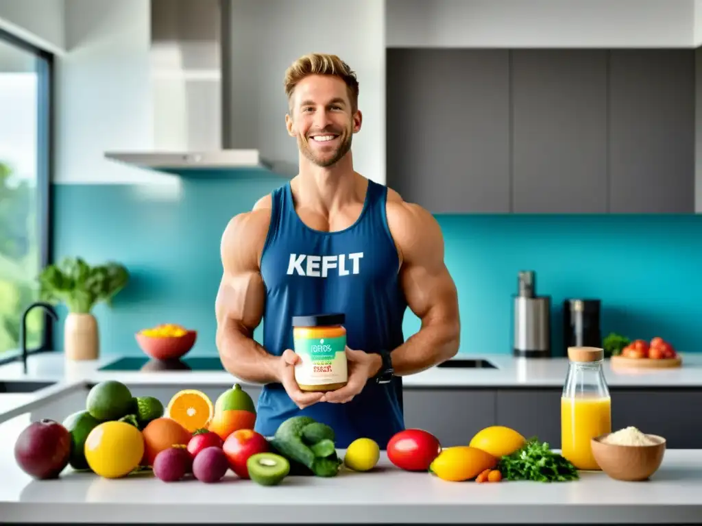 Atleta saludable disfrutando probióticos en la cocina Un atleta sonriente en ropa deportiva sostiene una cuchara de comida probiótica, rodeado de alimentos saludables