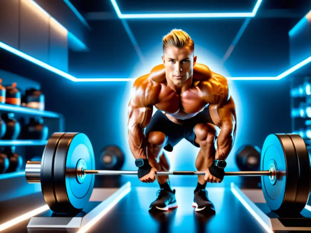 Superatleta en entrenamiento con tecnología avanzada de nutrición deportiva Un atleta superdotado se concentra en un intenso entrenamiento en un laboratorio de nutrición deportiva avanzada y nutrigenómica