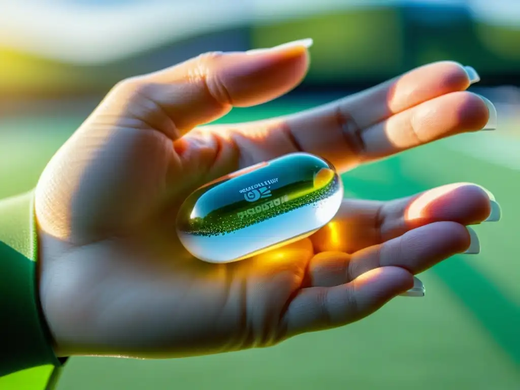 Mano de atleta sostiene cápsula de probióticos, energía y vitalidad Un atleta sostiene un suplemento probiótico transparente, mientras la luz del sol resalta su pureza