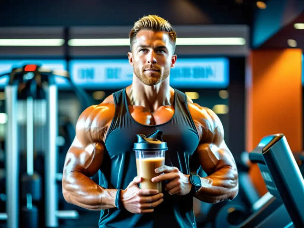Musculatura en acción: atleta enfocado en el gimnasio Un atleta consumiendo suplementos nutrición deportiva motivación en un gimnasio moderno y vibrante, con un enfoque intenso y energía dinámica